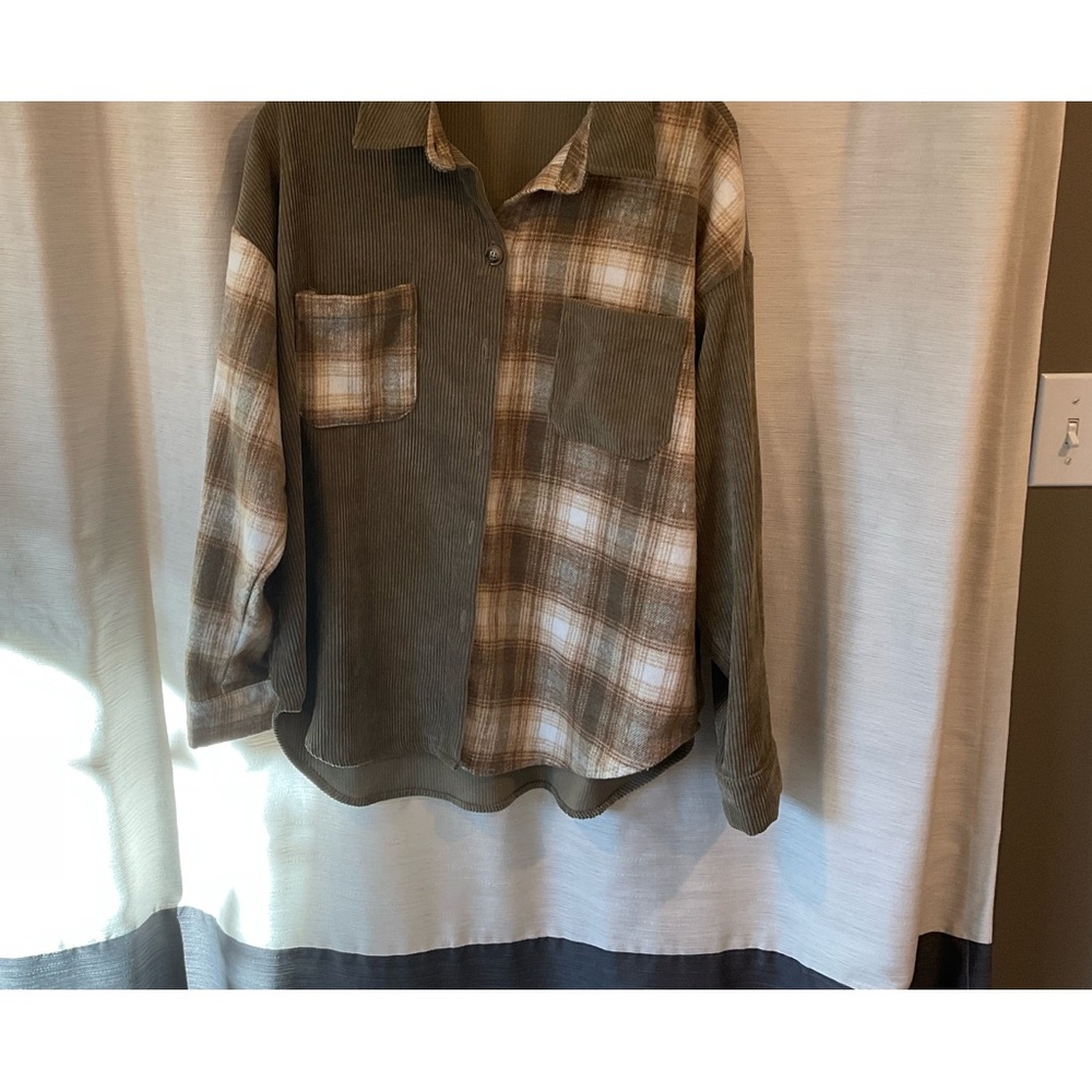 Tan, brown and cream plaid top with corduroy back.